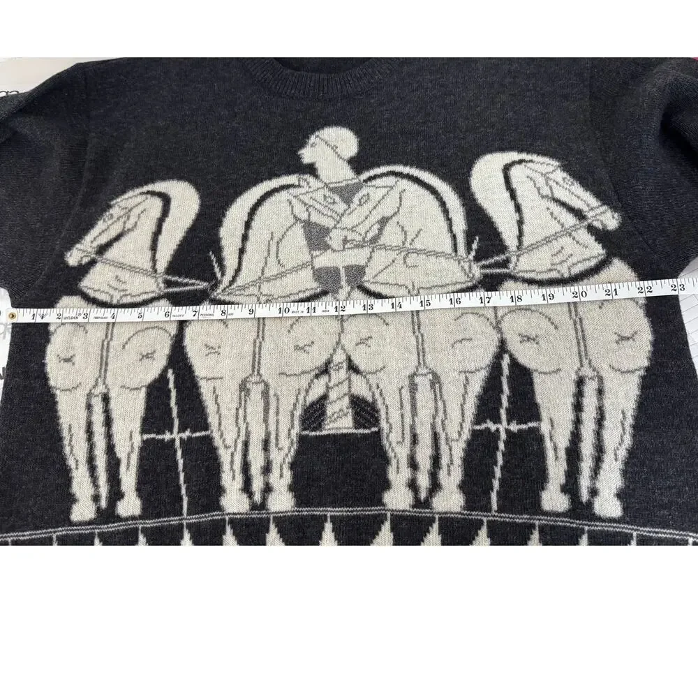 HOM sweater XL lambswool crew pullover equestrian horse chariot Italy gray white